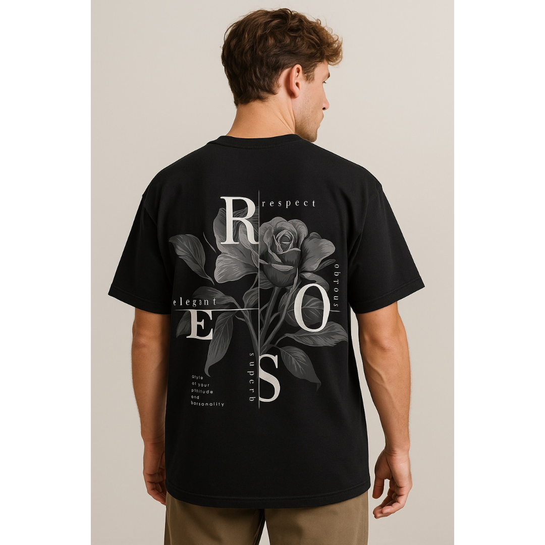 AAVARAN Rose Back Print Oversized T-Shirt – 100% Cotton (Black & White)